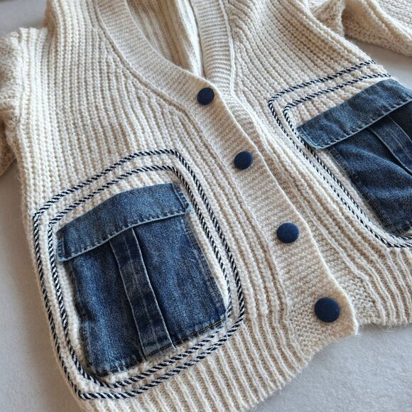 💙 Micas Thick Knit Oversized Drop Shoulder Cardigan Sweater Size L/XL Large Den - Picture 6 of 8